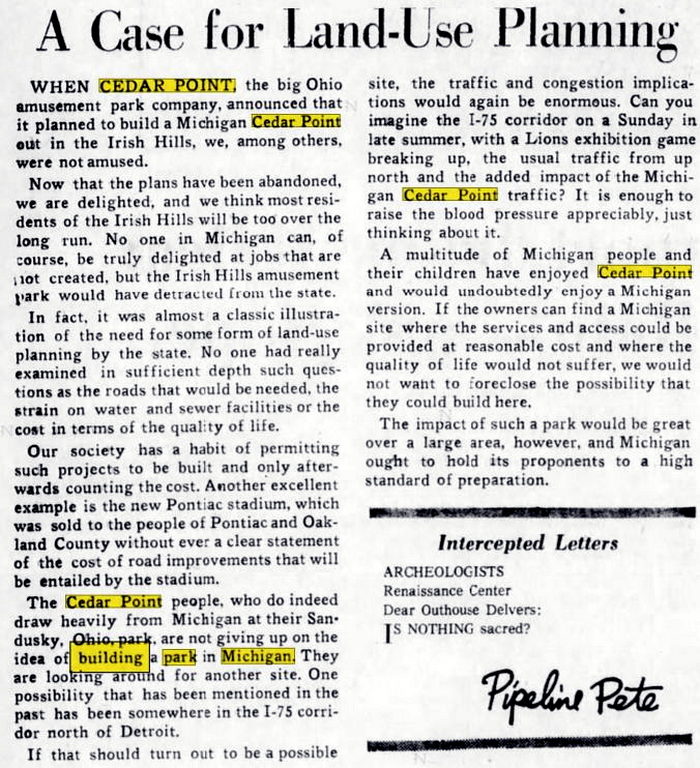 Cedar Point II, Irish Hills Amusement Park, Kingdom of Adventure, Little Michigan - Irish Hills Apr 1975 Article On Cedar Point Acquiring Land